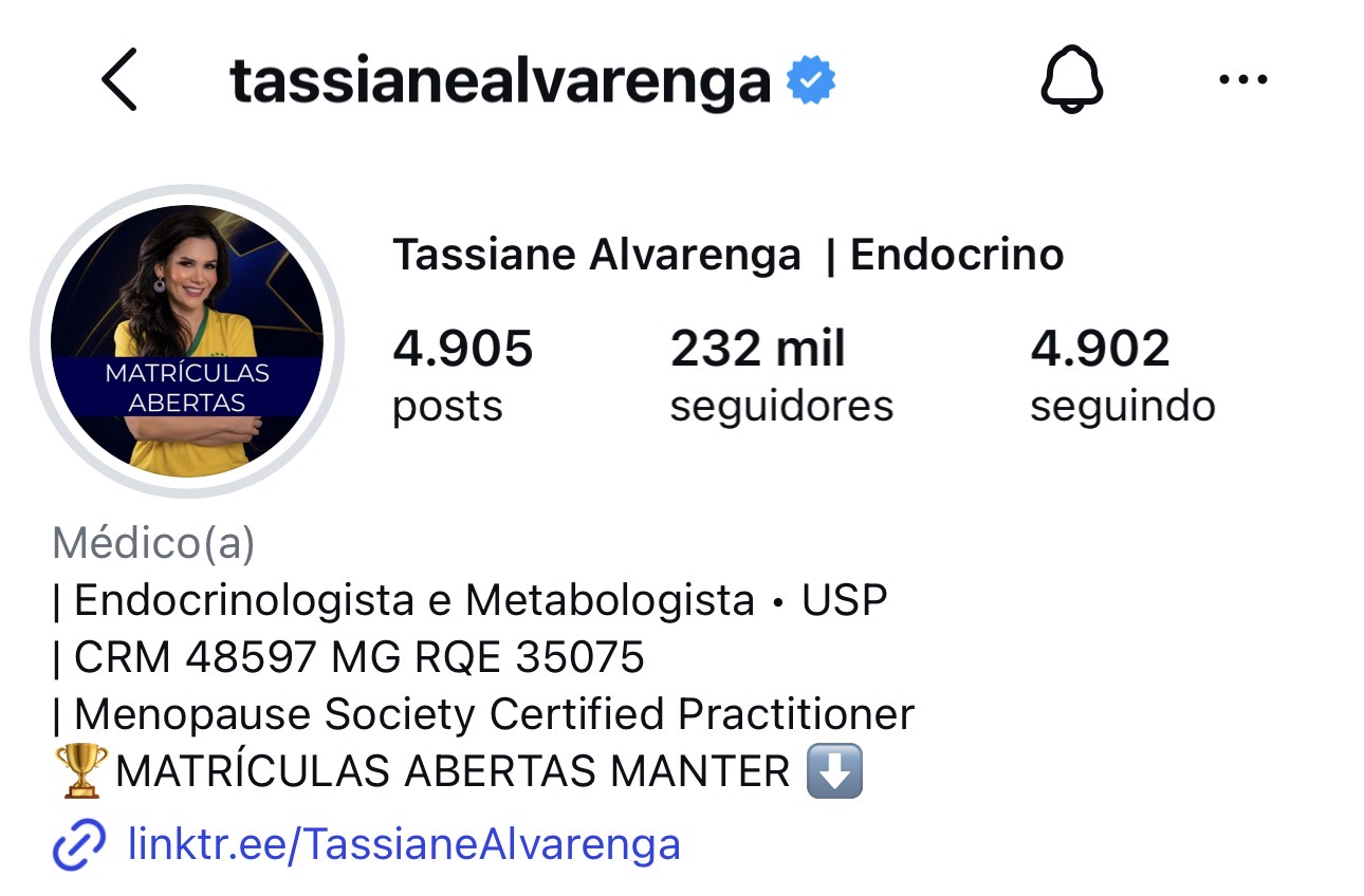 Print do perfil da Dra. Tassiane Alvarenga, endocrinologista, no Instagram