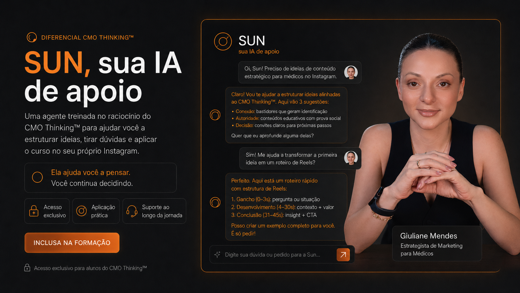 Sun, IA de apoio do CMO Thinking, integrada à formação de marketing médico de Giuliane Mendes.